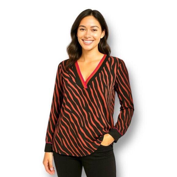 Express S Red Black Zebra Print V-Neck Blouse Long Sleeve Button Cuff Top Y2K - Picture 1 of 11